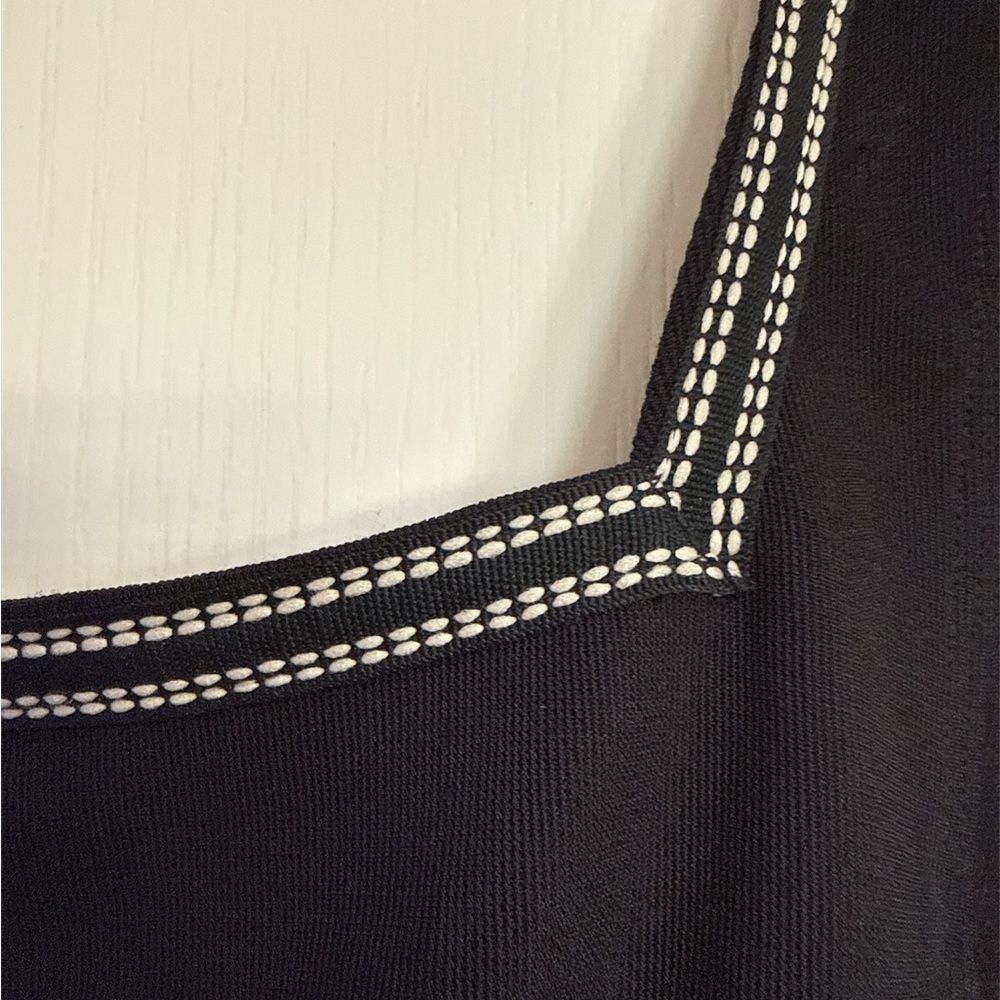 Vintage Black Mini Dress White Contrast Stitching Square Neck Made in USA - Picture 2 of 7